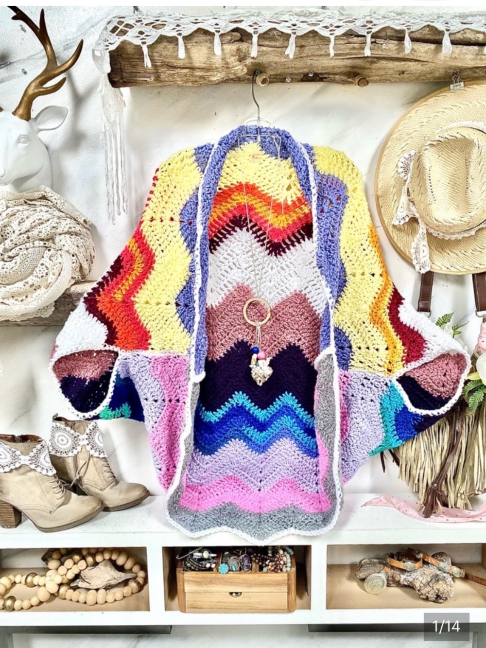 Artisan Chevron unicorn boho Cocoon shrug kimono cover up w cottagecore vibe - Picture 2 of 10